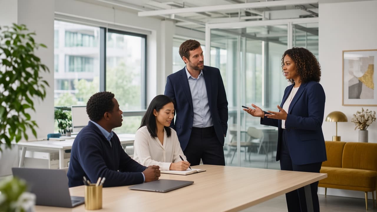 A senior consultant mentoring three professionals around a meeting table