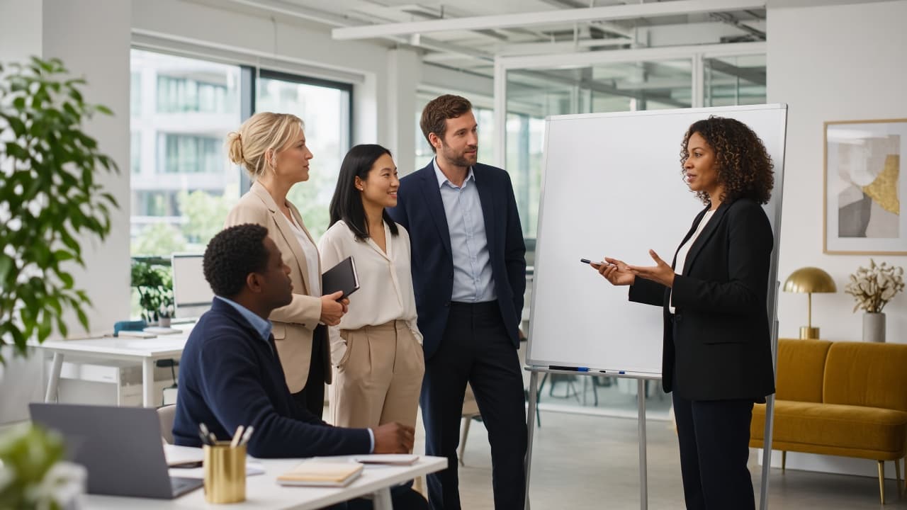 Professionals collaborating in a bright training office