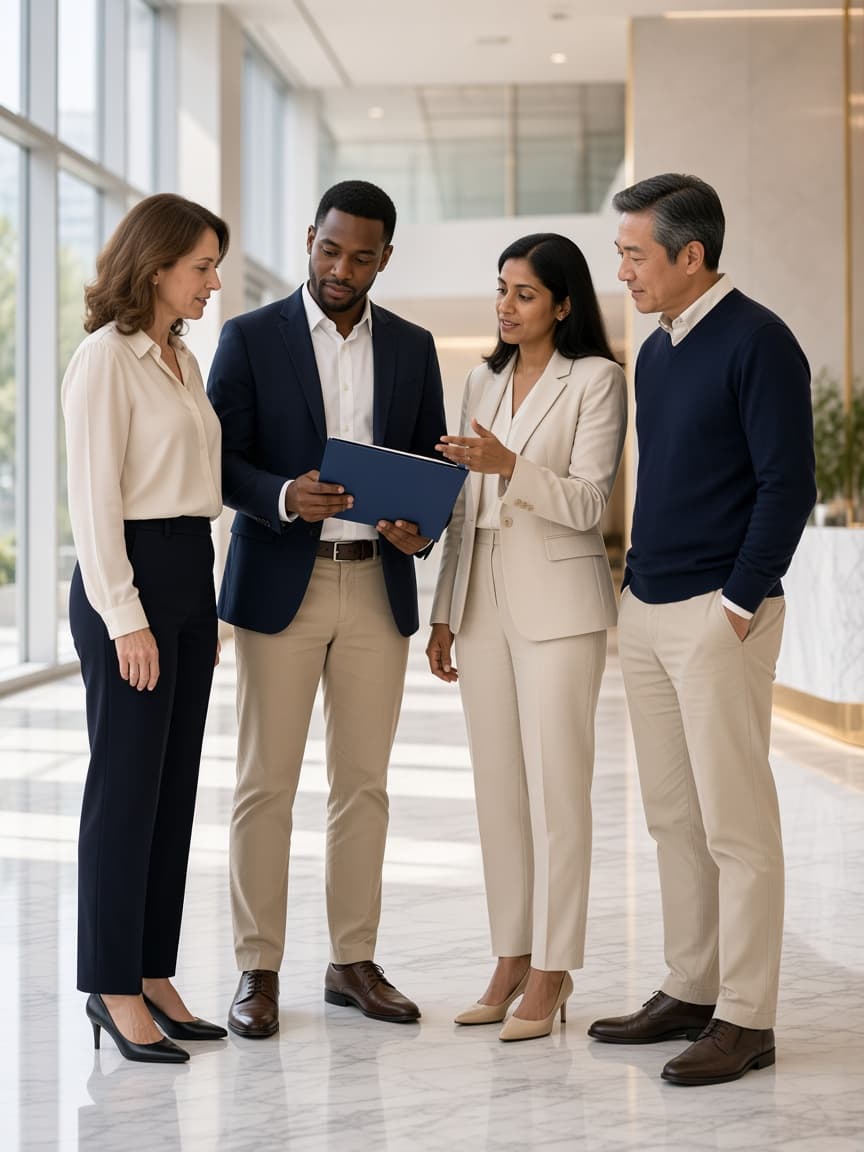 Four professionals reviewing a folder together in a bright lobby